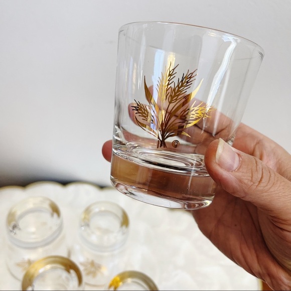 MCM Gilt Gold Trim Wheat Glass Tumblers Bar Cart Bar Drinking Glasses 3 1/4” - Picture 8 of 16